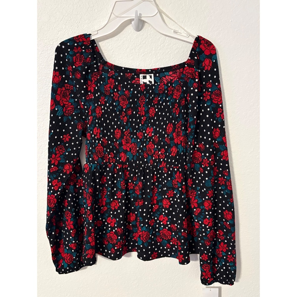Self Esteem Girls Black Floral Holiday Smocked Peplum Top Long Sleeve Girls XL